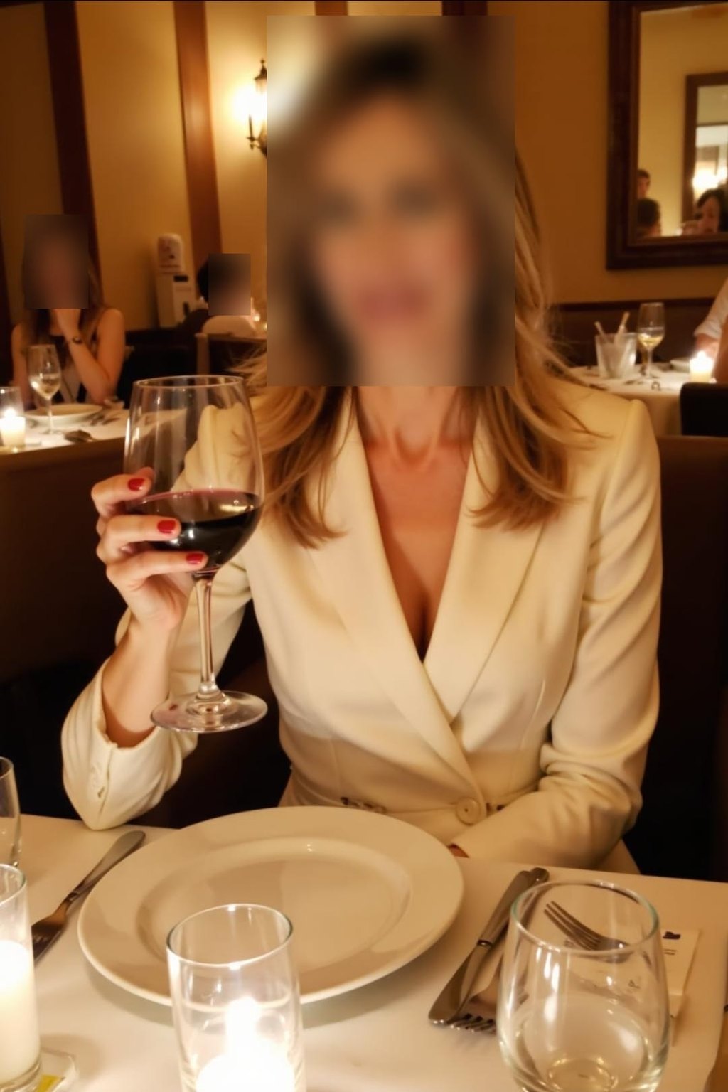 Charlotte Varenne in an ivory blazer at a candlelit restaurant table