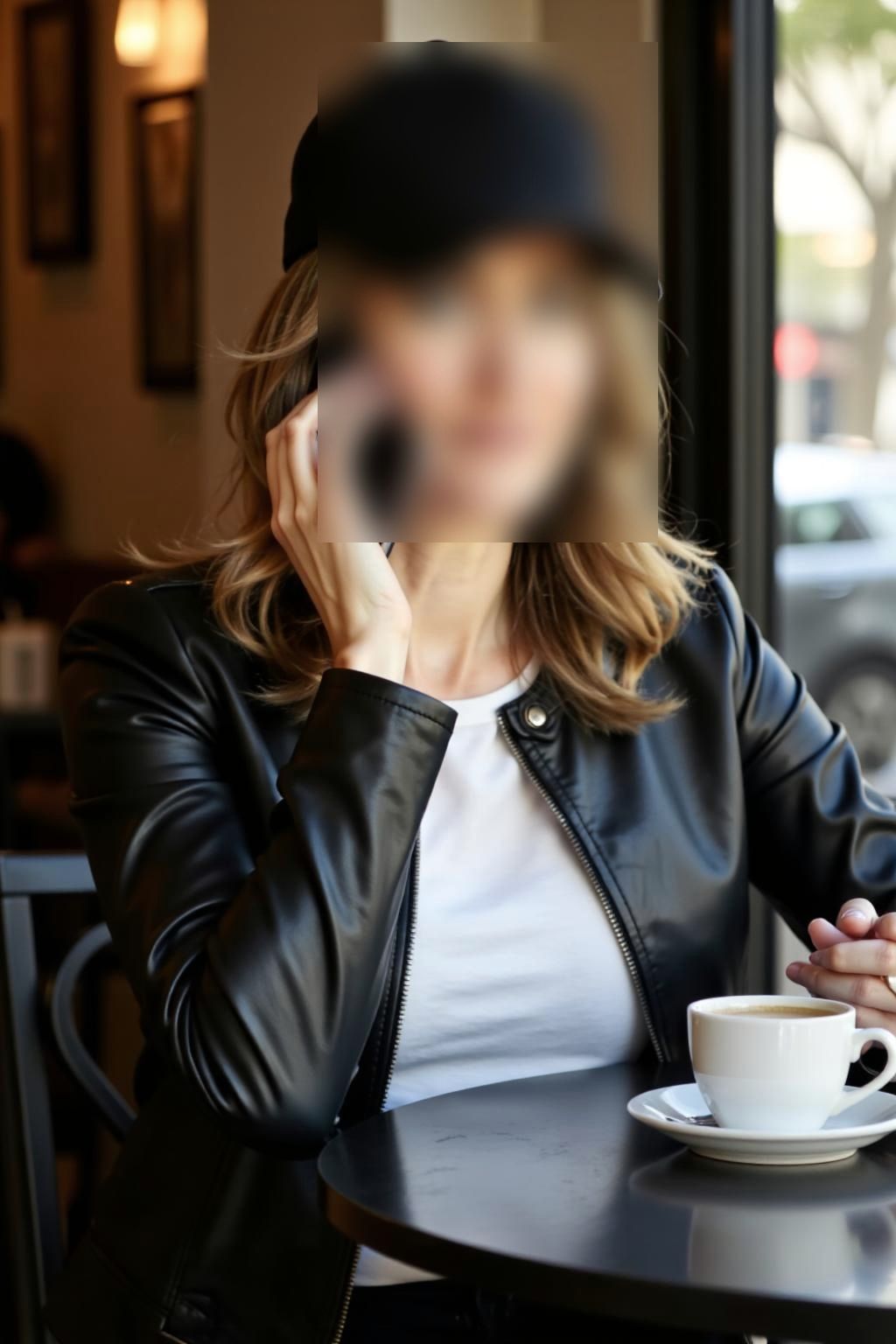 Charlotte Varenne at a city café in a leather jacket