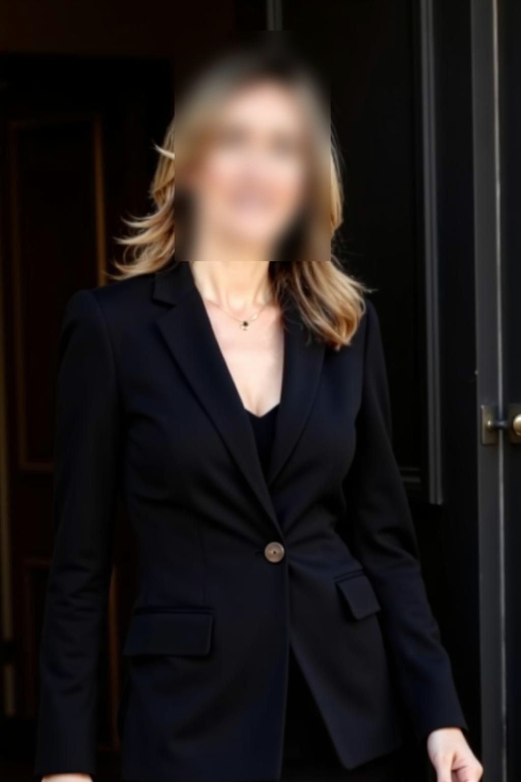Charlotte Varenne in a navy blazer at a private entrance