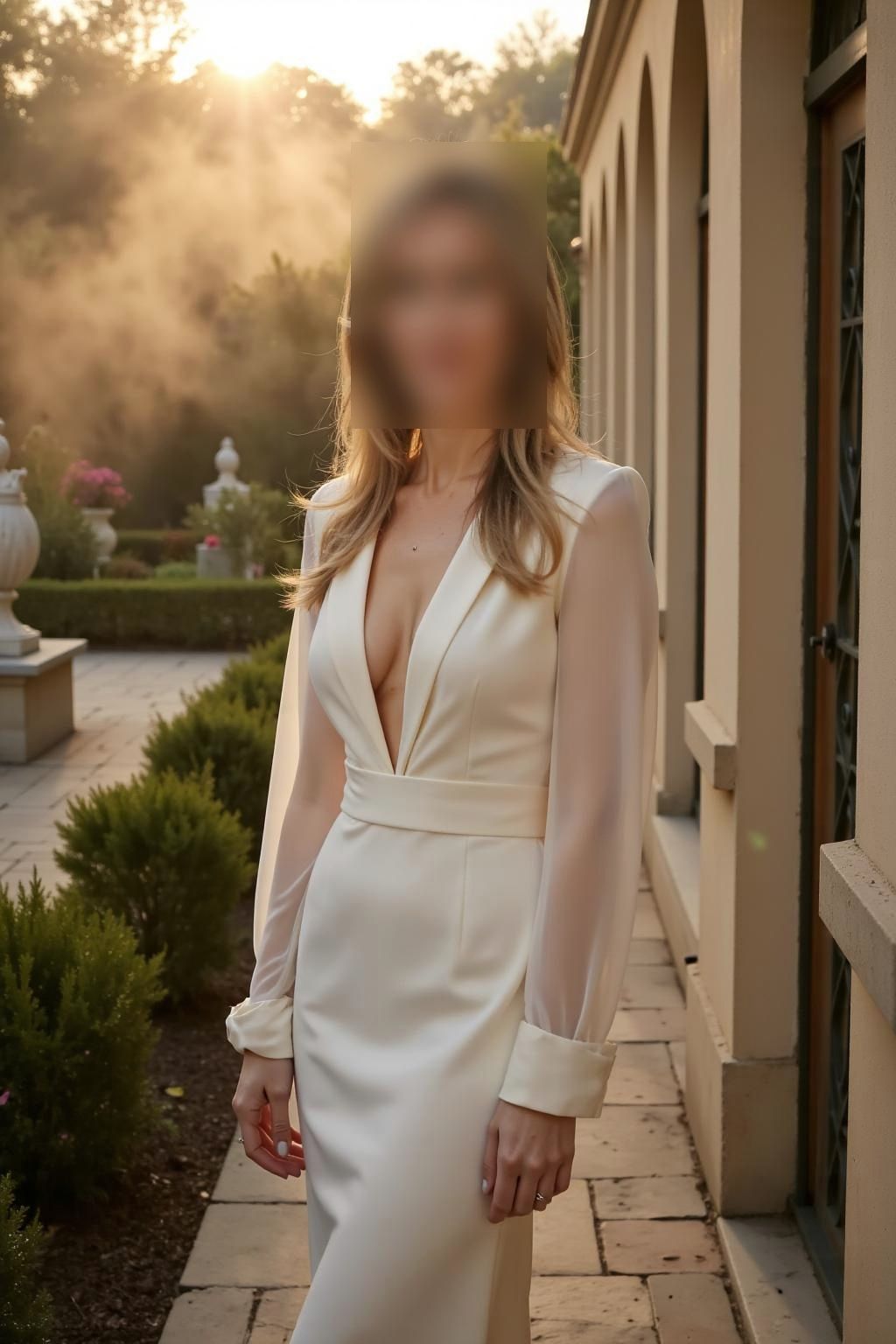Charlotte Varenne in an ivory dress in a garden at dusk