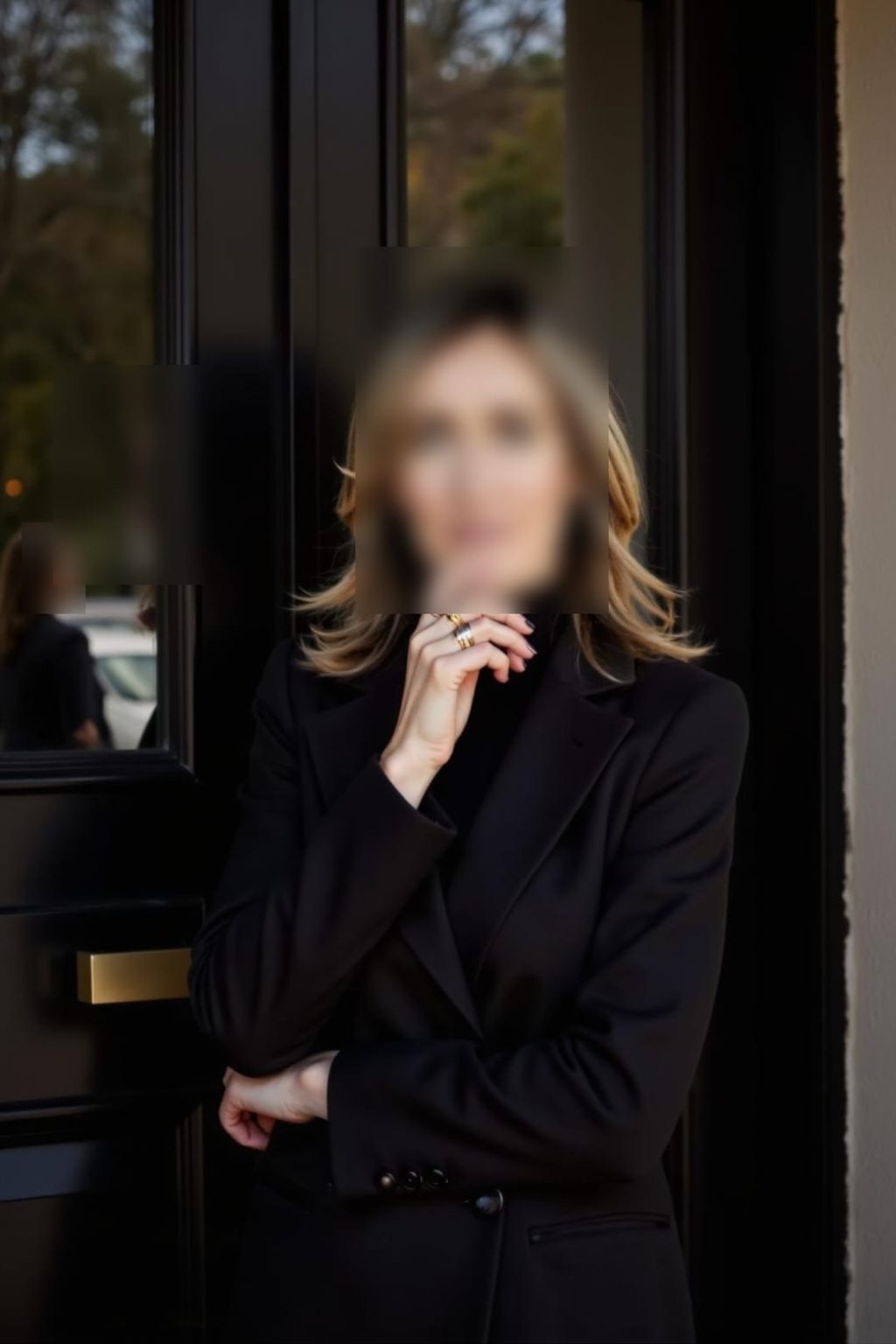 Charlotte Varenne in a black tailored coat at a private entrance