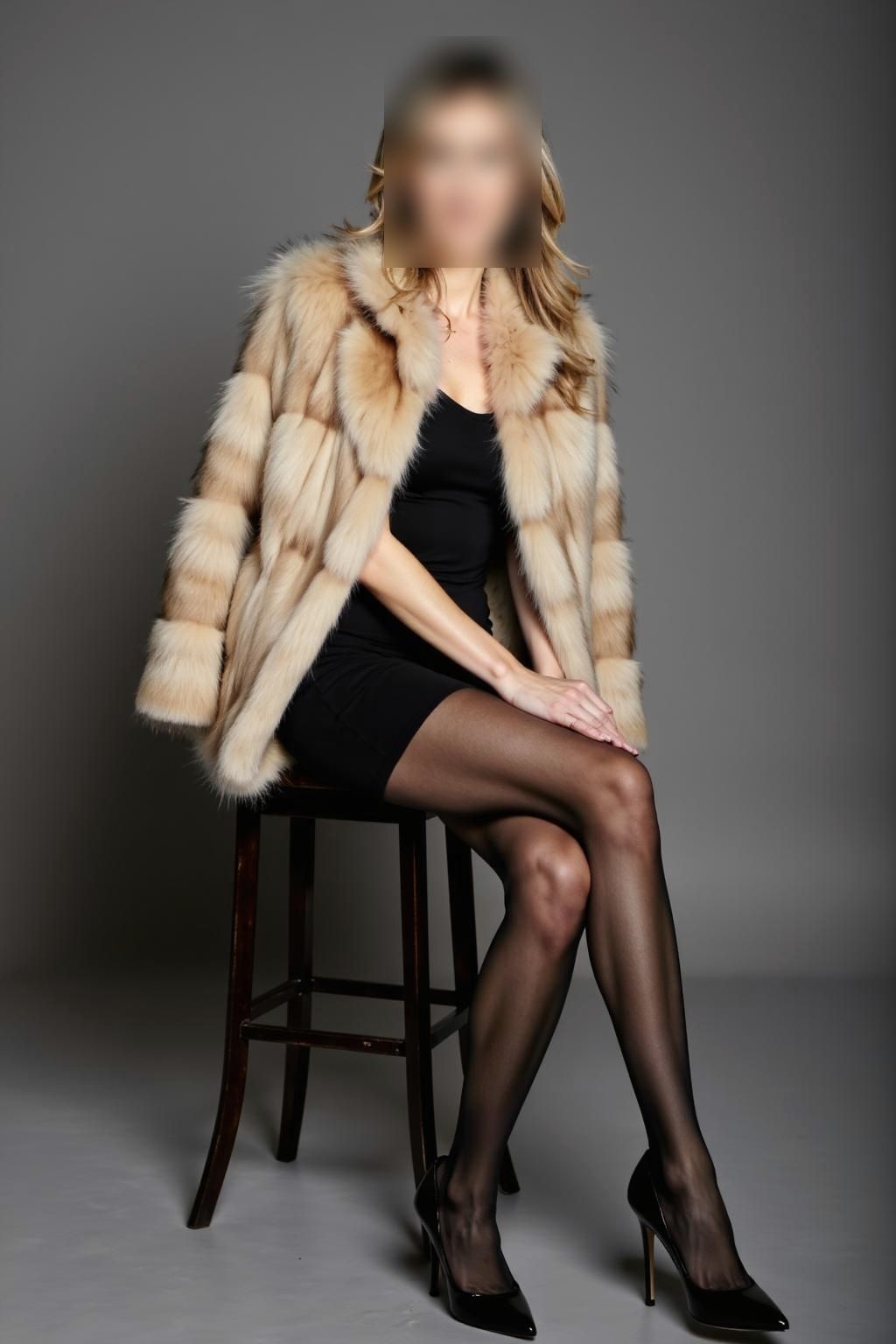 Charlotte Varenne in a studio portrait wearing a fur coat